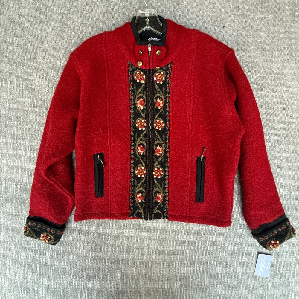 Icelandic Design Wool Jacket Womens M Red Embroidered Nordic Alpine Full Zip